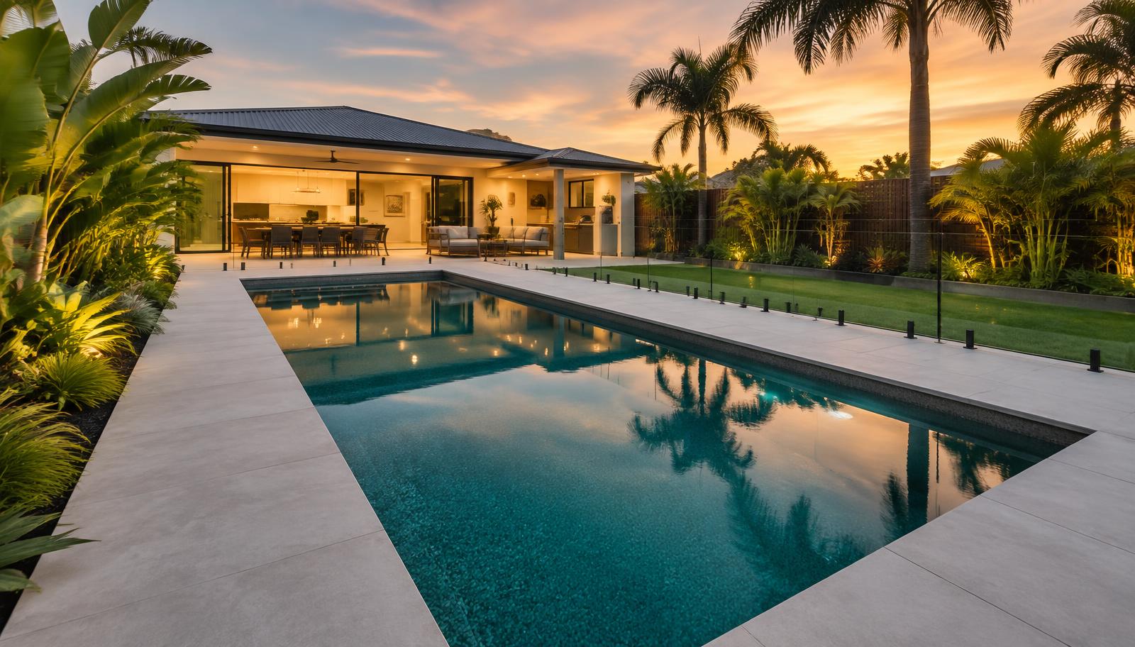 Modern geometric concrete pool with glass fencing and stone paving in an Australian backyard at dusk
